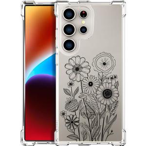 Compatible with Samsung Galaxy S24 Ultra Cases with Design, Cute Transparent Designer Phone Case for Women Girls Girly with Heavy Duty Protective Bumper (Clear Black Simple Flowers)