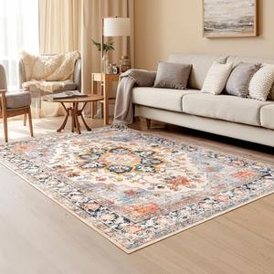 RIMAYA 3x5 Machine Washable Area Rug, Ultra Soft Rugs with Non-Slip Backing & Durable Edge Binding, Vintage Fluffy Indoor Low-Pile Carpet for Living Room, Bedroom, Dinning Room, Kitchen Room