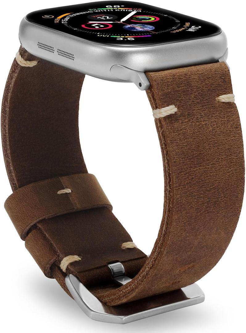 Handmade Double Sided Leather Bands Compatible with Apple Watch Ultra 3/2/1 Band 49mm 46mm 45mm 44mm 42mm 41mm,Men Retro Design Genuine Leather Band For iWatch Series SE 11 10 9 8 7 6 5 4 3 2 1 (Brown/Silver)