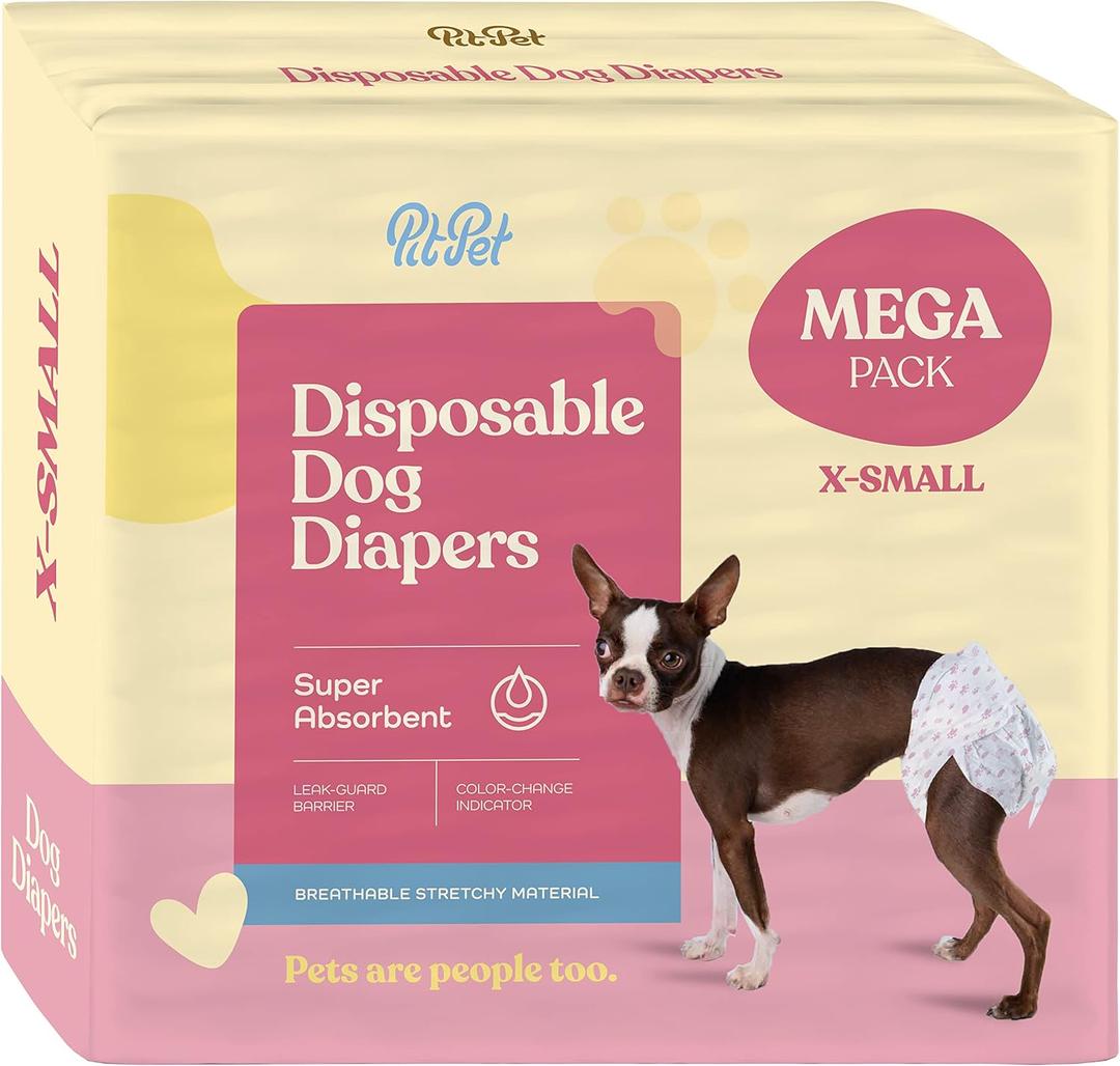 Comfortable Female Dog Diapers - 50-Pack Super Absorbent Disposable Doggie Diapers - Flash Dry Gel Technology & Wetness Indicator - Leakproof Diapers for Dogs in Heat, Excitable Urination, Incontinence, XS