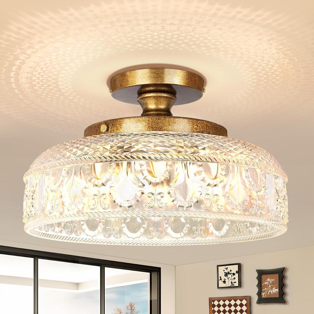 Lamomo Semi Flush Mount Ceiling Light, 3 Light Hallway Light Fixture, 12 Inch Antique Brass Gold Globe Glass Close to Ceiling Scone,Indoor Hanging Lantern for Bedroom Kitchen Porch Hallway (Copper)