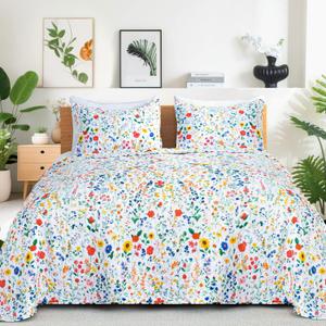 ROMROL Quilt Set Queen Size Floral Quilt Bedding Set 3 Pieces Quilted Bedspread Lightweight Coverlet Set Garden Patchwork Style Soft Reversible Quilted Sets with 2 Pillow Shams for All Season (Flower1)