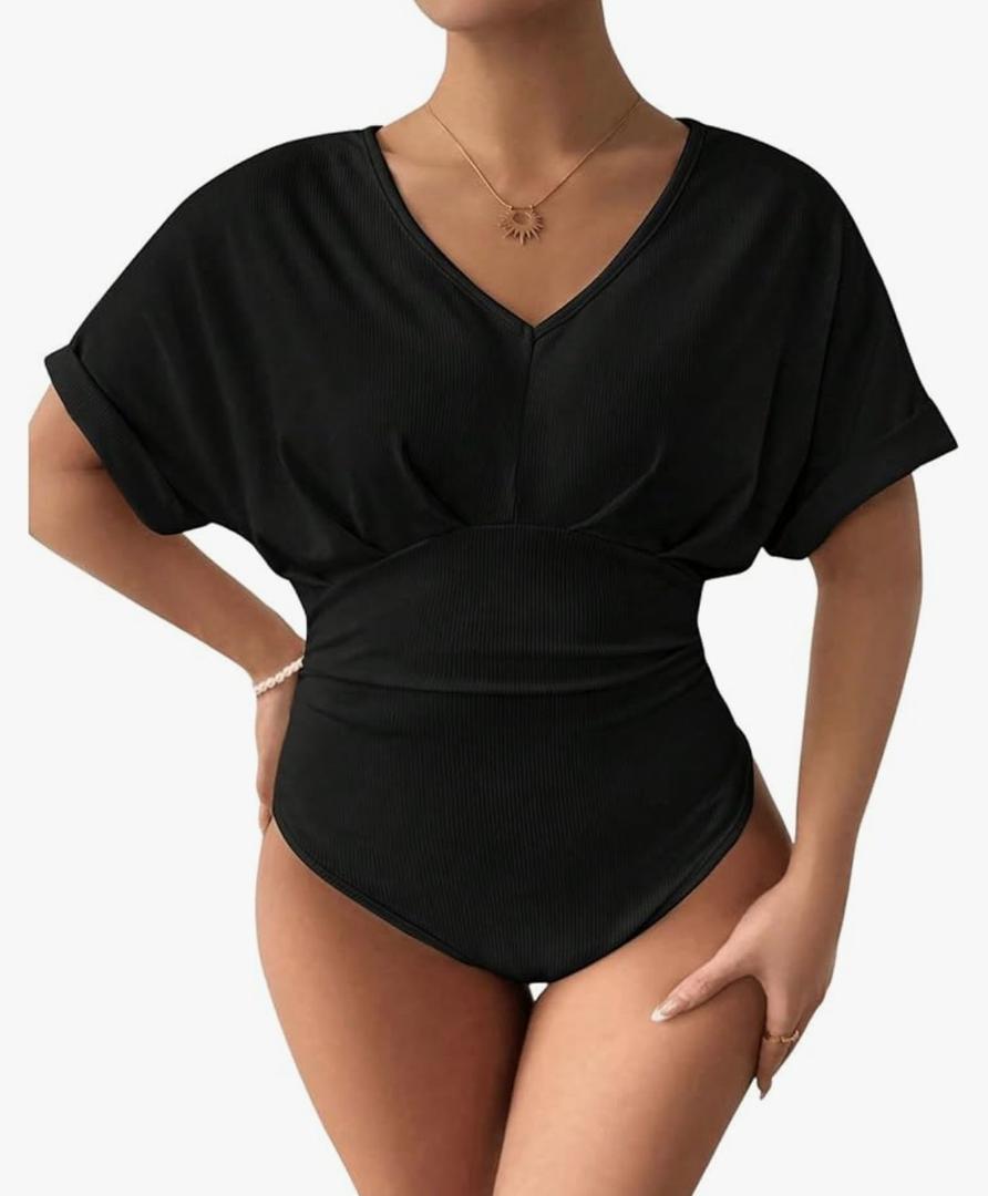 SOLY HUX Women's Plus Size V Neck Tummy Control Bodysuit Short Sleeve Ruched Leopard Tops XXL