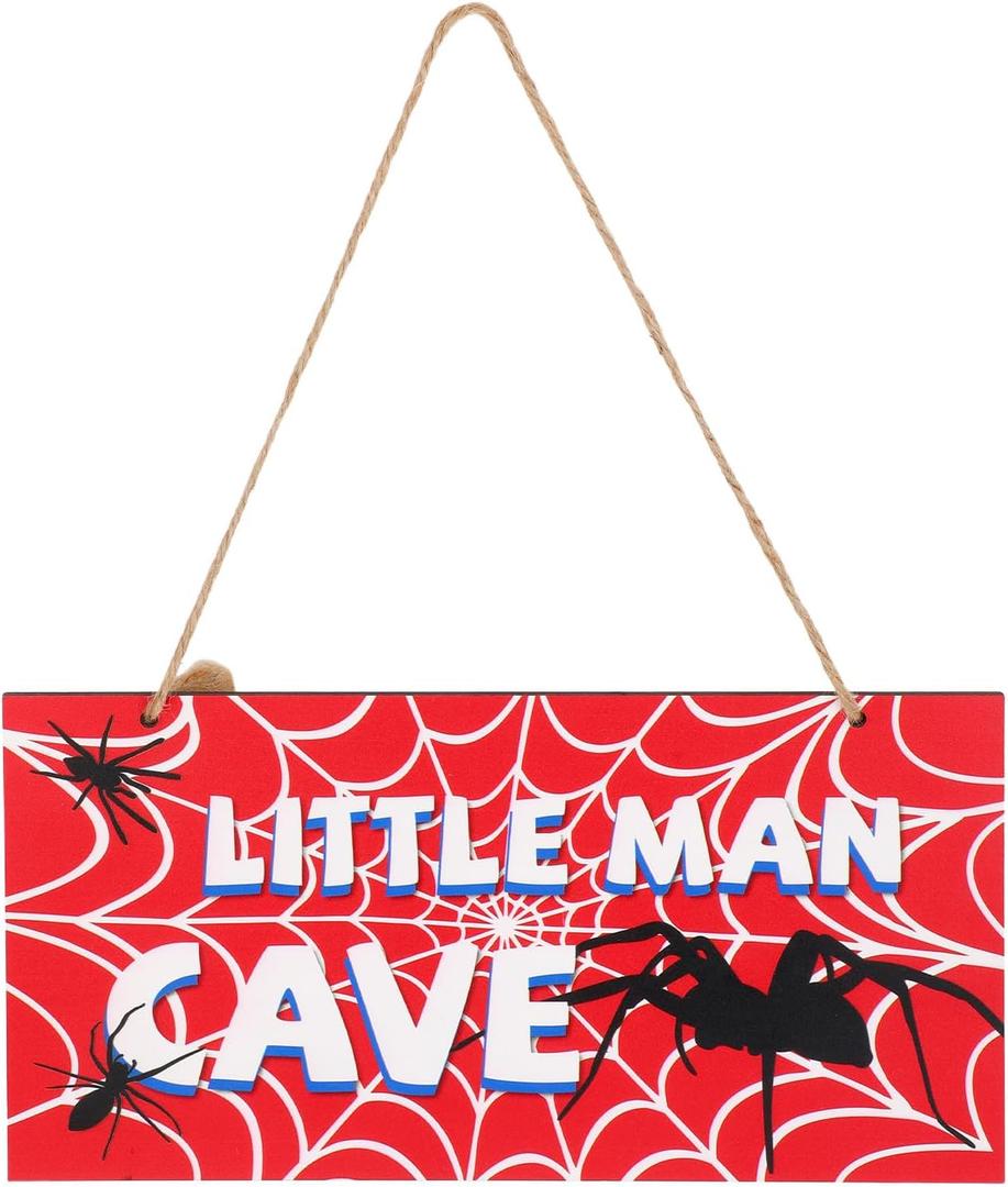 2 x Spider Door Sign, 12x6in Red Wooden Spider Web Nursery Room Decor Little Man Cave Signs with Rope Wall Art Room Decoration for Boys Men