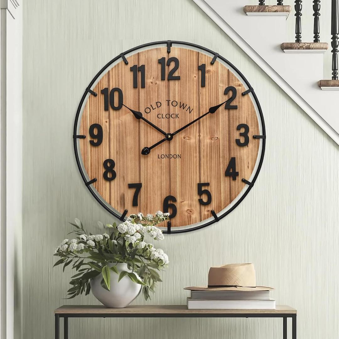 24 Inch Farmhouse Wall Clock Large Old Town Vintage Rustic Wooden Clock with Metal Rim and Large Numerals, Silent Battery-Operated for Office, Kitchen, Bedroom, and Living Room