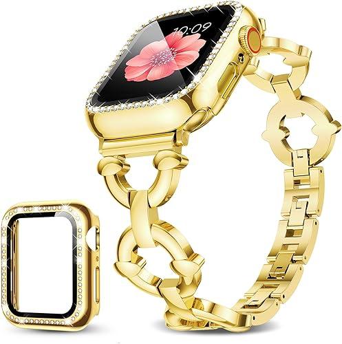 Mesime Compatible with Apple Watch Band 38mm 40mm 41mm 42mm 44mm 45mm 46mm, Women Bling Jewelry Bands with Tempered Glass Screen Protector Case, Shiny Strap for iWatch Series 11/10/9/8/7/6/5/4/3/2/1/SE