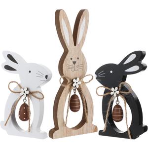 Capoda 3 Pack Easter Wooden Bunny Table Decorations Farmhouse Easter Tiered Tray Decor Bunny Signs Tabletop with Egg Rustic Table Centerpiece Rabbit Decor for Home Office Party Gifts