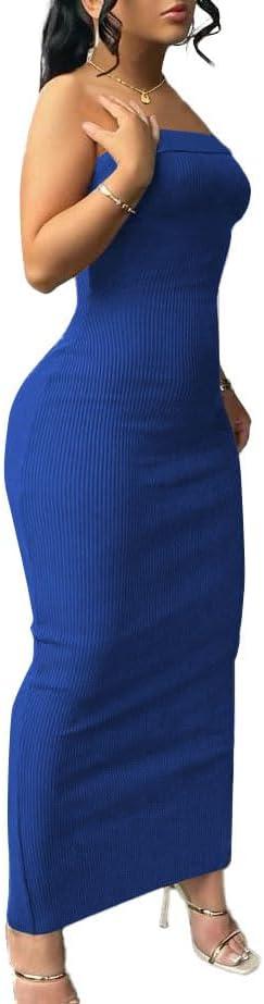 Nimsruc Women Summer Bodycon Tube Maxi Dress Strapless Casual Party Long Dresses Sexy Sundresses (Blue, XXL)