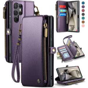 Defencase Compatible with Samsung Galaxy S23 Ultra Case Wallet with RFID Blocking Card Holder for Women Men, PU Leather Magnetic Snap Flip Zipper Strap Phone Case Fit for Galaxy S23 Ultra 5G, Purple