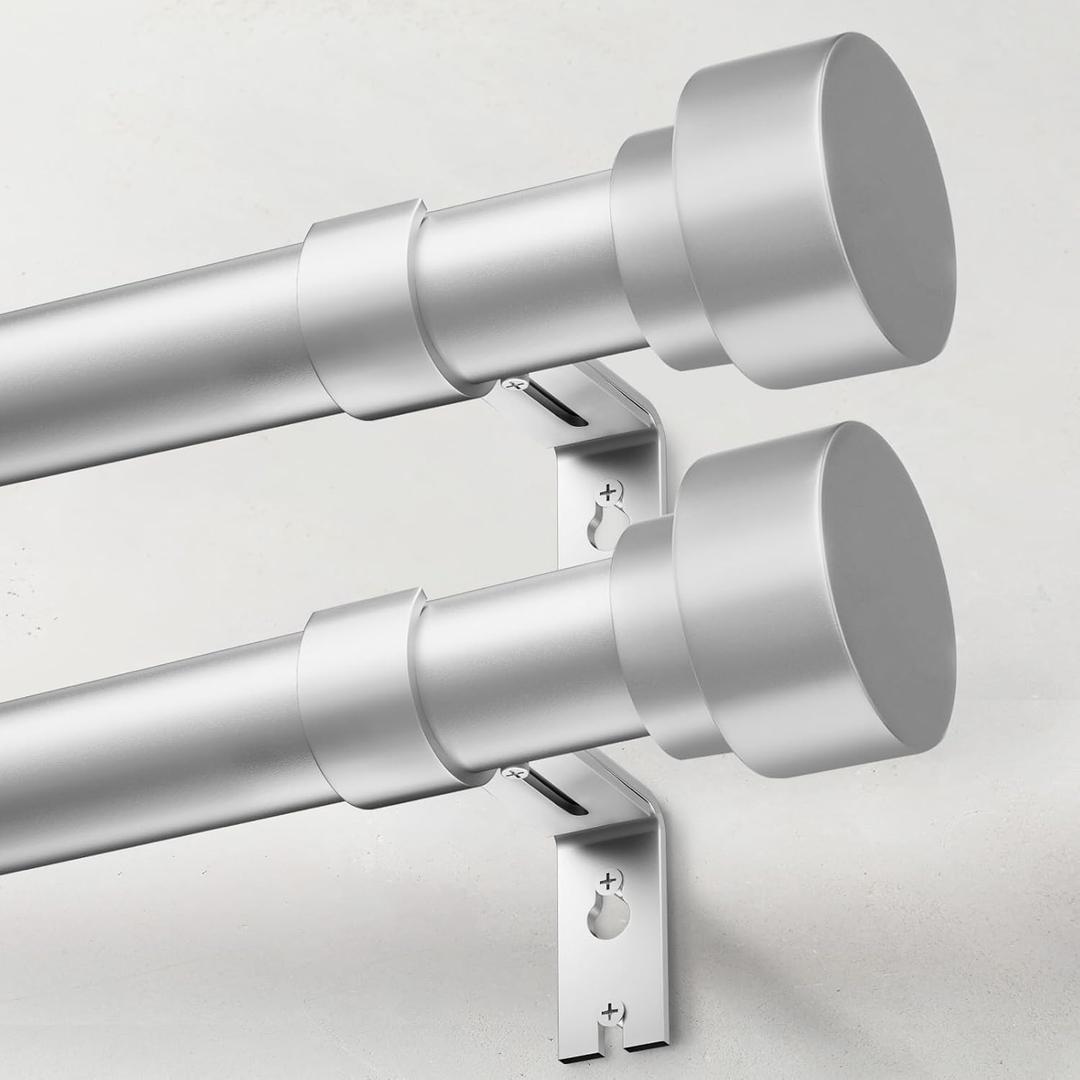 Heavy Duty Curtain Rods for Windows 48 to 84 Inch, 1 Inch Silver Curtain Rods Set of 2 Pack for Outdoor Patio, Farmhouse, Bedroom, Kitchen, Adjustable Easy Install Drapery Rod (Silver,30-90-2p)