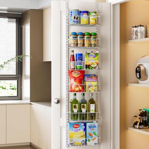 Delamu Pantry Door Organizer, Adjustable Metal Over the Door Pantry Organizer Rack, 6-Tier Over the Door Spice Rack, Kitchen Pantry Door Organizers and Storage, D5 W12 H52.1 inch, White, Small