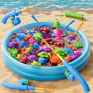 Magnetic Fishing Game Toys for Kids Toddlers 3-5 4-8, Water Table Bathtub Toys with Inflatable Pool Pole Rod Net Floating Fish, Water Bath Pool Outdoor Toys for Boys Girls Age 3 4 5 6 7 8 Year Old