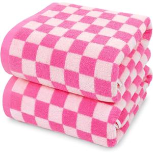 Jacquotha Hot-Pink Checkered Cotton Bath Towels Set of 2 - Cute Aesthetic Bathroom Towels for Women Girls Teens, Bathroom Decor 27.5" x 55"