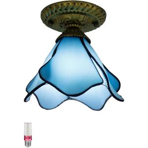 Tiffany Style Ceiling Lighting Fixtures, Antique Flower Flush Mount Ceiling Light, Stained Glass Light for Hallway Bedroom in Blue