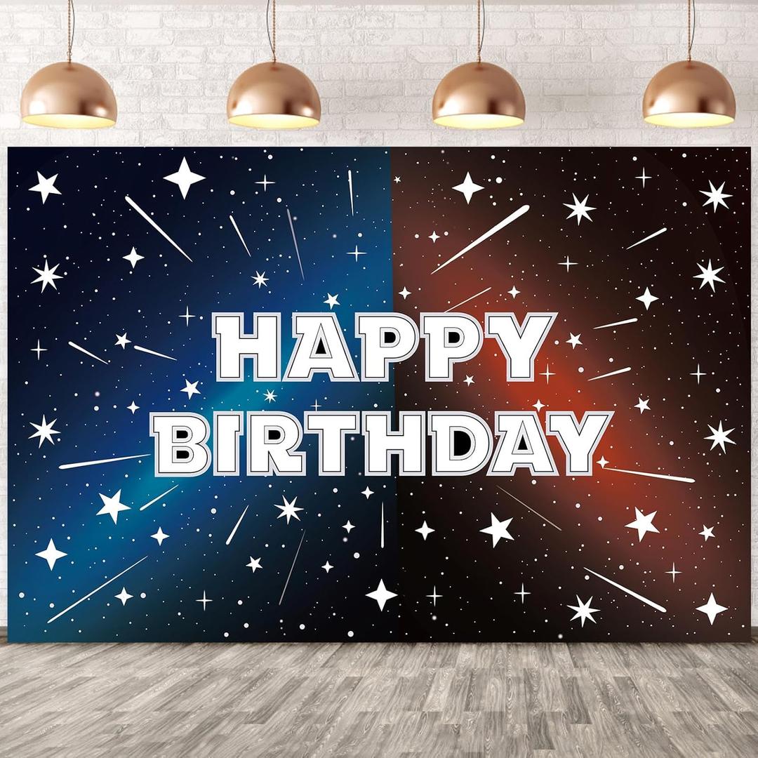 Black Cartoon Galaxy Themed Happy Birthday Backdrop, Star Banner Outer Space Theme Birthday Garland Decorations for Celebrations Cosmic Events, 39.37 inches x 59.06 inches