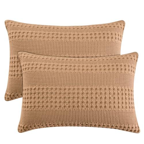 PHF 100% Cotton Waffle Pillow Shams Queen Size, 2 Pack 20" x 30" Soft Skin-Friendly Pillowcases, No Filling, Aesthetic Woven and Breathable Waffle Weave Pillow Case Covers for Bed, Camel