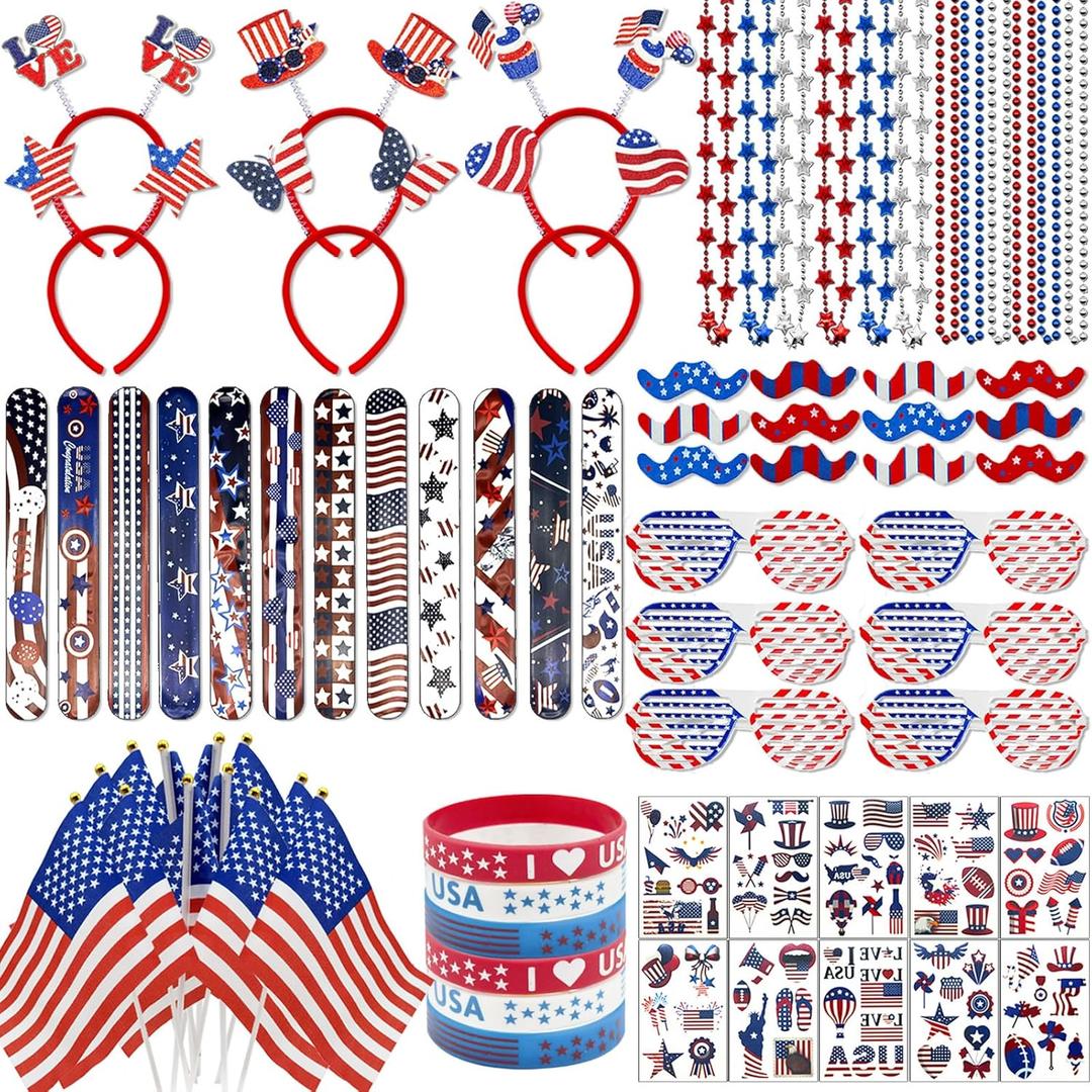 146PCS 4th of July Accessories - Fourth of July Decoration Supplies Headband Bracelet Glasses Tattoo Sticker Necklace Flag American Patriotic USA Themed Party Favors Memorial Independence Day