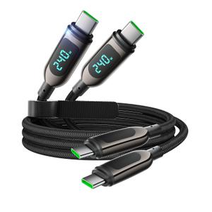 240W USB C to USB C Cable [4ft/2Pack],Nylon Braided Type C Fast Charging Cable with LED Display for iPhone 16/16 Pro Max/15/15 Pro Max, Samsung S25/S24 Ultra, MacBook, iPad, Laptop,Black