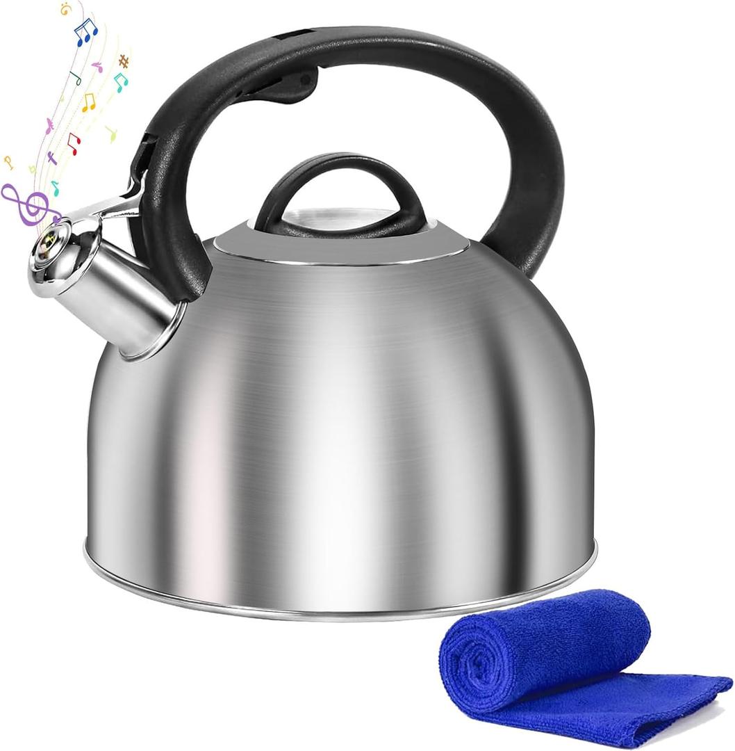 Foedo Whistling Stovetop Tea Kettle, 3L Food-Grade 304 Stainless Steel Teapot, Ergonomic Handle,Hot Water Quick Boil,All Metal Stove Kettle Rust Resistant and Durable,With Anti-Scald Towel(Silver)