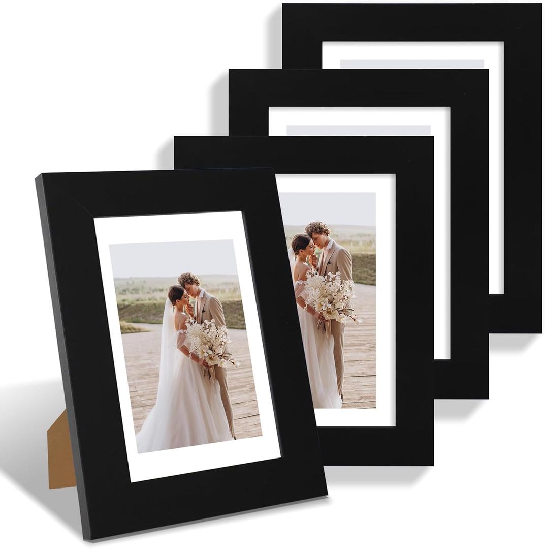 Hongkee 5x7 Picture Frame Set of 4, Made of Real Glass and Black Wooden Frame, 5 by 7 Photo for Wall or Tabletop - Display Picture 4x6 with Mat or 5x7 Without Mat