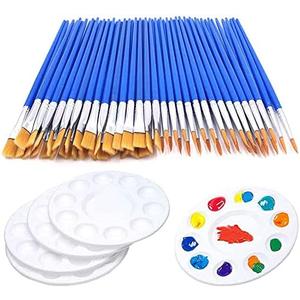 65Pcs Paint Brushes Palettes Set,60pcs Flat Round Paint Brush 5 PCS Paint Trays for Kid Classroom Crafts Small Paint Brushes Bulk for Acrylic Oil Watercolor Canvas Face Rock Painting Party Painting