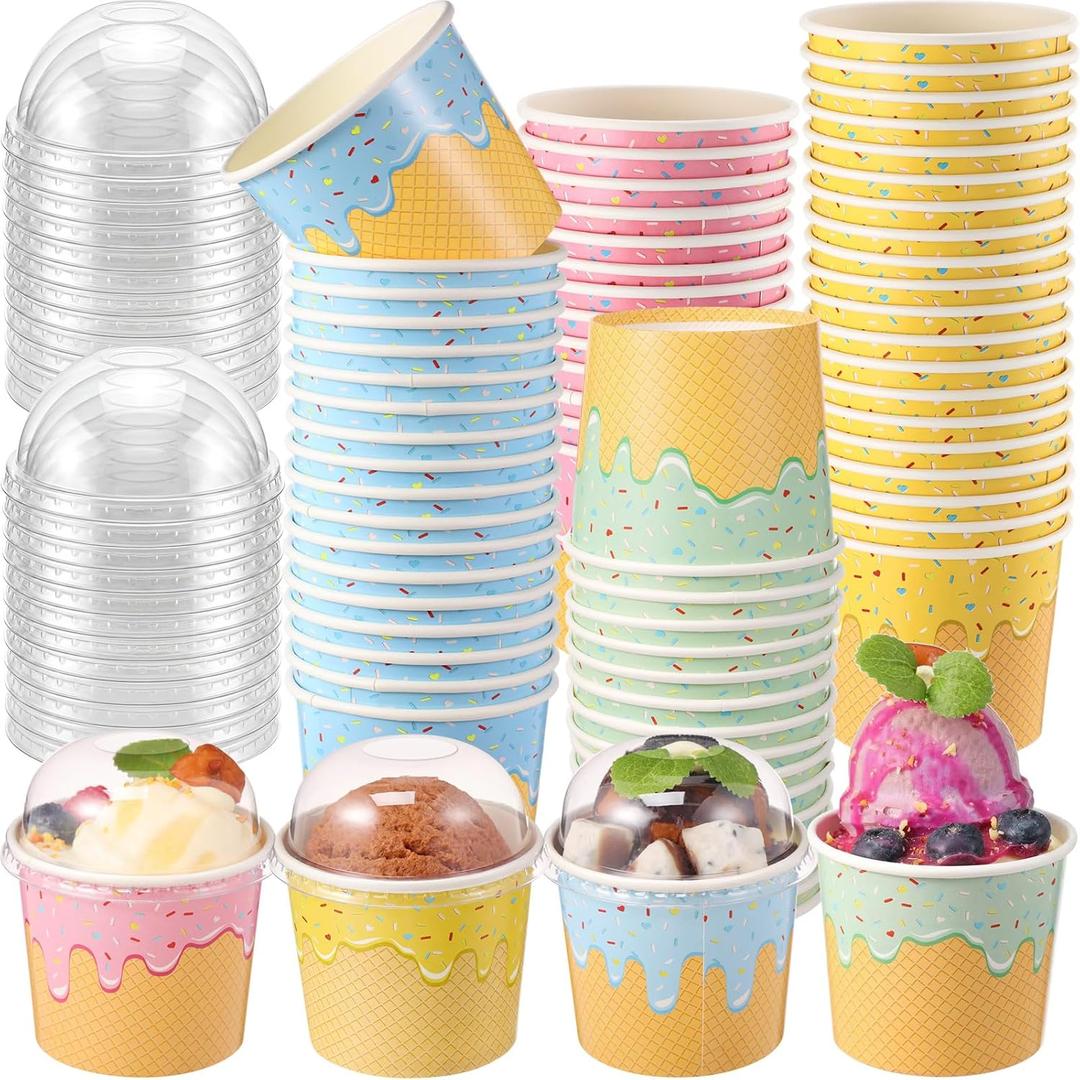 Jingmore 40 Count Paper Ice Cream Cups with Clear Dome Lids Disposable Dessert Cups Bulk Dessert Bowls Sundae Containers for Snack Yogurt Soup Birthday Ice Cream Party Supplies (4 oz)