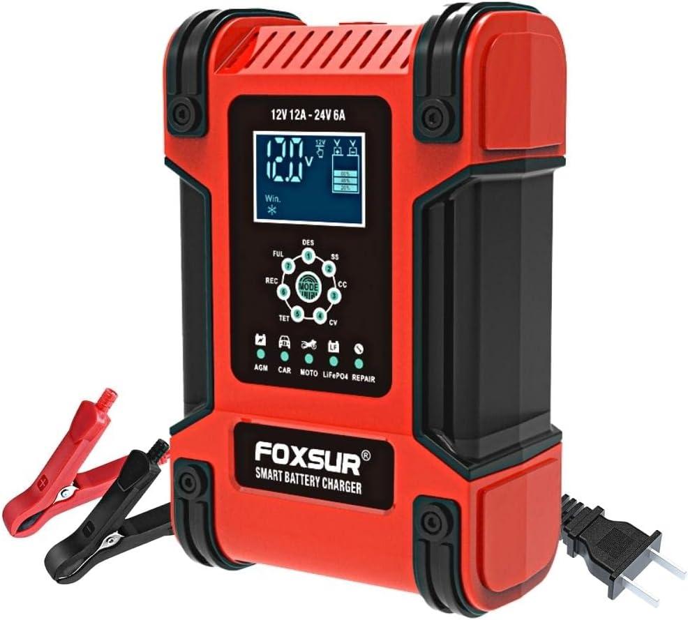 FOXSUR 12V 24V 12A Smart Battery Charger for Cars & Trucks - Fully Automatic 7-Stage Charging, LCD Display, Trickle Charger & Maintainer, Safe for AGM, Gel, Lead-Acid, Calcium Batteries