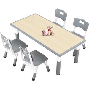 FUNLIO Kids Table and 4 Chairs Set for Ages 3-8, Height Adjustable Toddler Table and Chair Set, Easy to Wipe Arts & Crafts Table, for Classrooms/Daycares/Homes, CPC & CE Approved (5-Piece Set) - Gray (Rectangle - Grey)