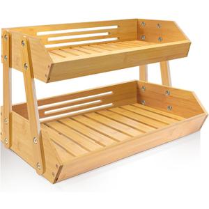 [Upgraded Length] 16.5-Inch Fruit Stand Storage Holder with 4 Sturdier Legs, 2-Tier Fruit Basket , Bamboo Fruit Bowl Holder for Fruit,Vegetables,Bread, Snacks, Home Kitchen Countertop Organizer