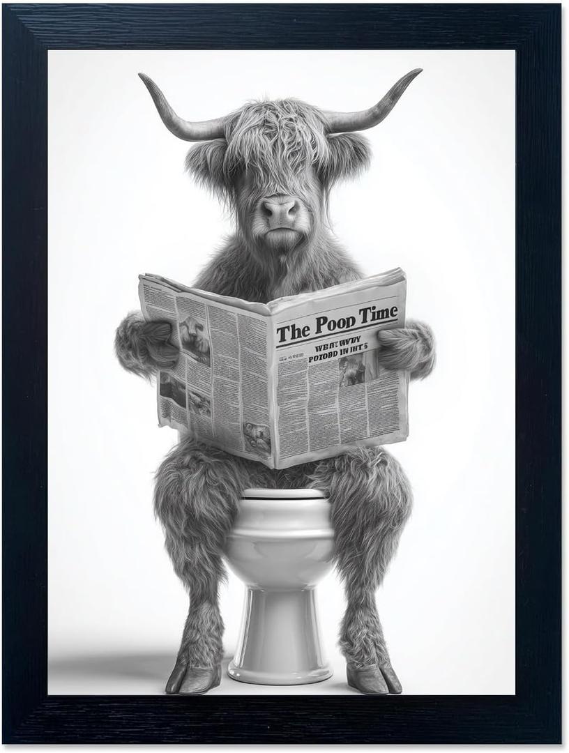Funny Highland Cow Bathroom Wall Art - Framed Black and White Bathroom Wall Decor, Humorous Cow Picture Wall Decor with Cute Animal Canvas, Modern Farmhouse Style Restroom Sign Art for Toilet & Washroom 8"x10"