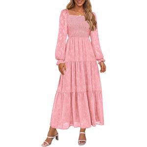 PRETTYGARDEN Wedding Guest Dresses for Women Floral Long Sleeve Smocked Tiered Elegant Long Flowy Boho Dress (Pink,Small) (Pink, S)
