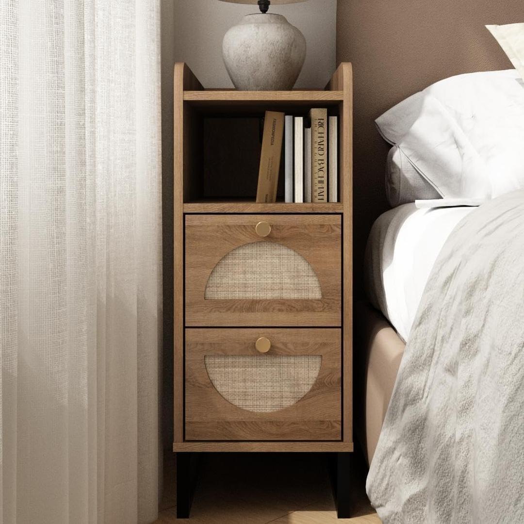 Narrow Nightstand for Small Spaces - 9.3" Slim Side Table with Rattan-Weave Drawers, Skinny Bedside Table with Open Shelf, Rustic Tall Thin Gap Filler for Bedroom & Sofa Side, Caramel Oak, 9.3" x 15.6" x 24"