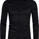 DELCARINO Men's Long Sleeve Button Up Shirts Solid Slim Fit Casual Business Formal Dress Shirt (Black)