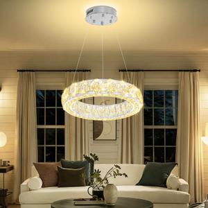WOSOHYUN 16" Silver Crystal Ring Chandelier Adjustable Height Pendant Light