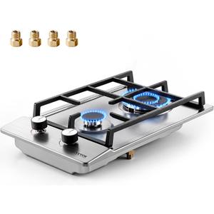 VEVOR Gas Cooktop 12 inch, Max 12250BTU 2 Burners Built-in Stainless Steel Gas Stove Top, LPG/NG Convertible Dual Fuel Natural Gas Hob with Thermocouple Protection for Outdoor, Kitchen, Camping, RV