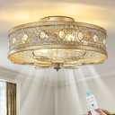 Gold Caged Ceiling Fan with Lights 19 Inch Vintage Crystal Fandelier Enclosed Bladeless Ceiling Fan with Remote Flush Mount Low Profile Ceiling Fan for Bedroom Living Room Kitchen, Small