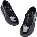 ICEBIRDS Girls School Uniform Shoes Mary Jane Flats,Low Heel Princess Hook and Loop Dress Shoes for School Party Wedding(Toddler/Little/Big Kid) (Black)
