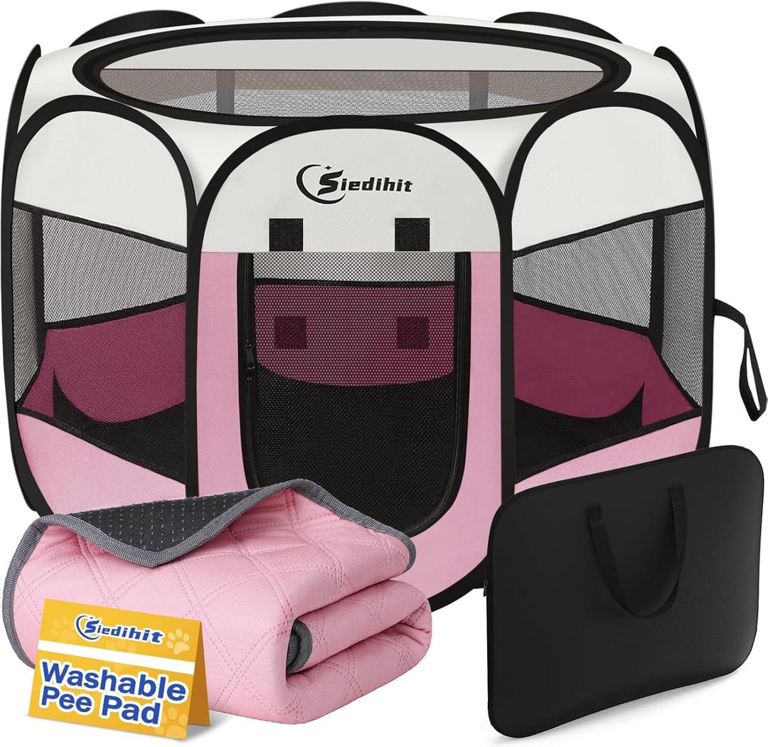Pink Puppy Playpen for Middle Dog Cat, DogsTent Crates Cage Indoor/Outdoor, Portable Pop Up Dog Kennel with Carrying Bag for Rabbits, Removable Top (Pink, Small (29" x 29" x 17") with pad)
