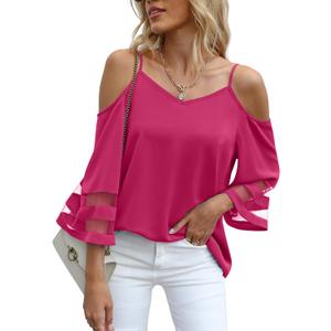 Jouica Womens Summer Cold Shoulder Tops Mesh Panel 3/4 Bell Sleeve Tees Adjustable Spaghetti Strap Loose Fit Shirts (Pink, S)