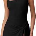 QINSEN Square Neck Swim Dress for Women Tummy Control One Piece Swimsuit Wrap Bathing Suit (Black, L)