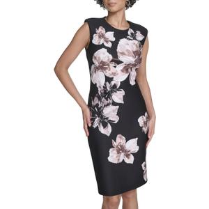 Calvin Klein Women's Cap Sleeve Knee Length Crepe Sheath Dress (6, Black/Luggage Multi)