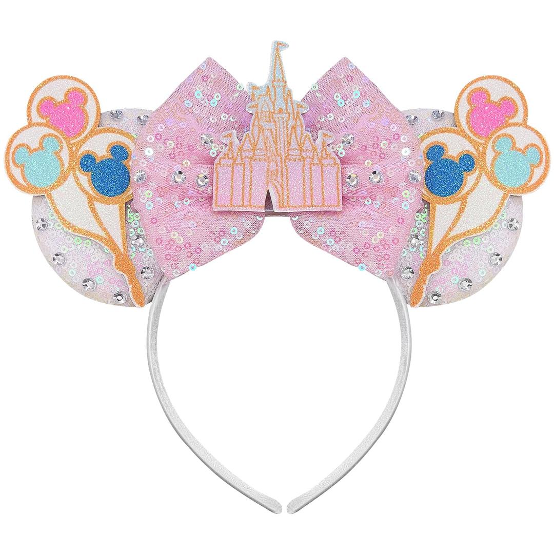 Glitter Castle Mouse Ears Headband Sequin Pink Bow with Balloons | Headbands for Halloween,Christmas,Birthday Party