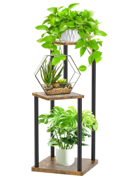 Oppro 3 Tier Corner Plant Stand Indoor, Metal Wood Flower Pot Holder Shelf, Multiple Display Rack Square Table for Living Room Bedroom Orchid Outdoor Balcony Garden Patio, Modern Black & Rustic Brown