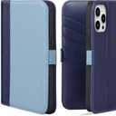 VISOUL Phone Case Wallet for iPhone 15 Pro, Genuine Leather Folio Case with Card Holder Magnetic Flaps Closure Flip Cover Designed for iPhone 15 Pro(6.1-inch)(Blue+Navy Blue)