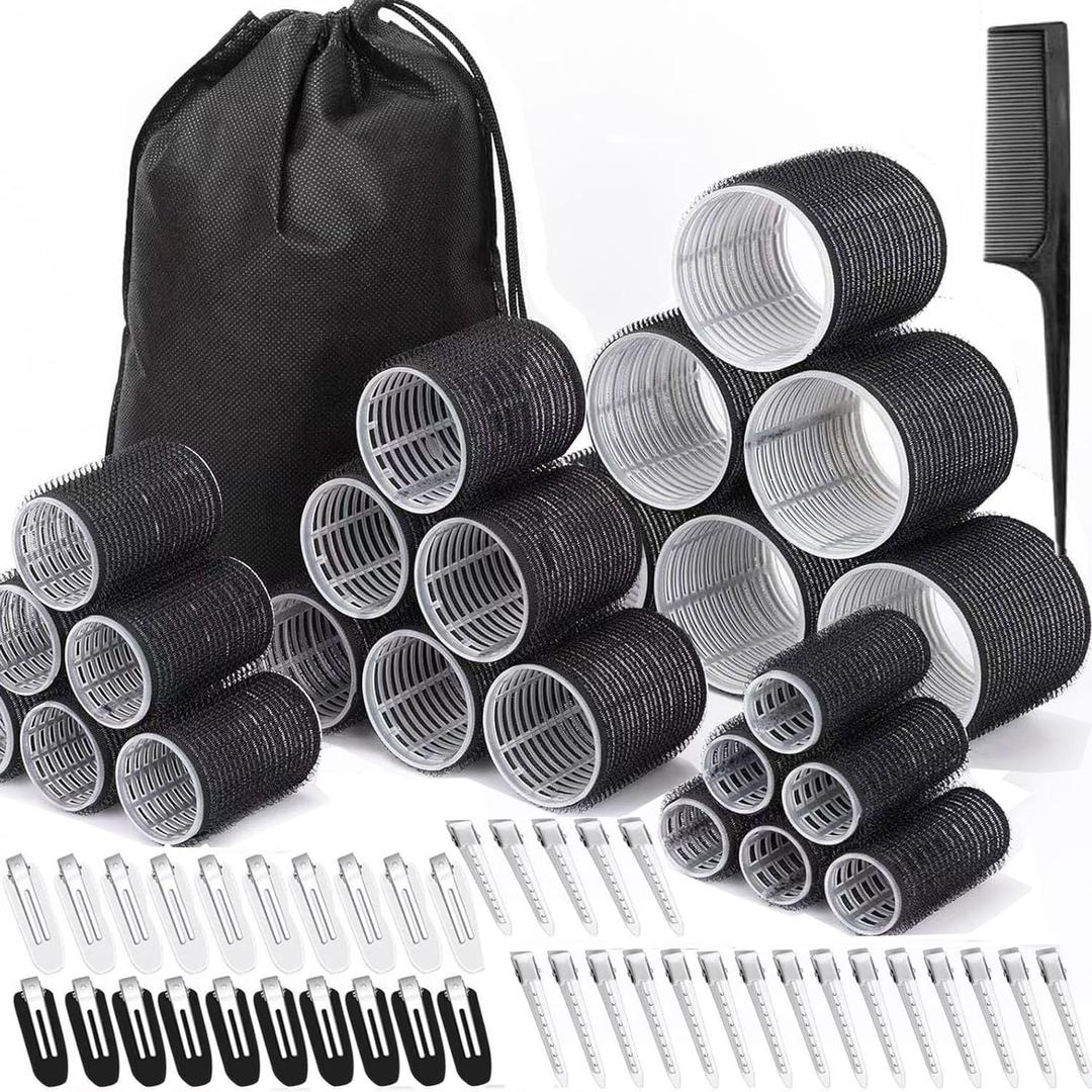 66 Pcs Hair Rollers for Women, Rollers Hair Curlers, 24 Pcs in 4 Sizes(60/48/36/25 Mm) with 40 Stainless Steel Clips, Self Grip Holding Rollers for Hair, Long, Medium, Short, Storage Bag, Comb