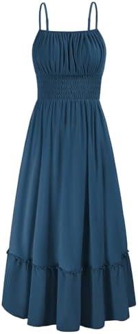 GRACE KARIN Womens 2025 Summer Dress Casual Sleeveless Spaghetti Strap Smocked Ruffle Beach Long Maxi Dress with Pockets- L