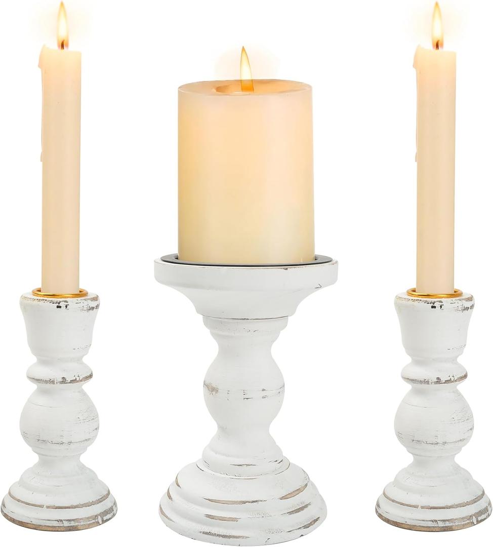 Unity Candle Holder - LIKEYO Wooden Unity Candle Holders for Weddings, Rustic Candlestick Set of 3, Wooden White Candlestick for Wedding Table Centerpiece Church Farmhouse Decor