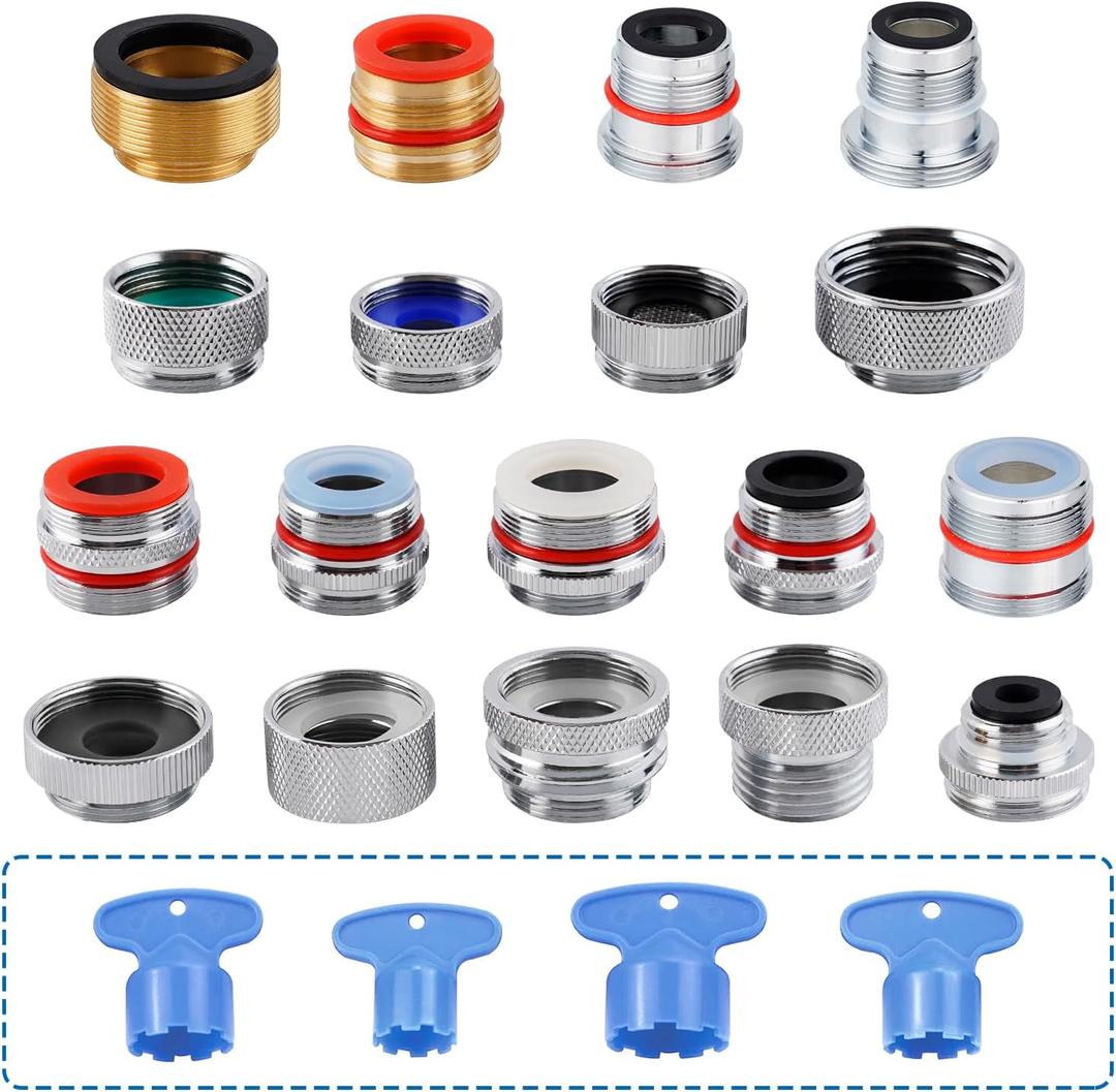 iFealClear 18 PCS Brass Faucet Adapter Kit, Sink Aerator Adapters with 4 Pcs Aerator Key Removal Wrench Tools, Male Female Kitchen Sink Faucet Adapters for Water Filter, Garden Hose, Faucet Diverter