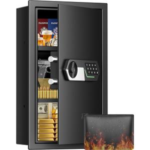 25.6'' Tall Fireproof Wall Safes Between the Studs, Fire Security In Wall Safe with Digital Keypad, 2 Removable Shelves and Fireproof Bag, Anti-Theft Hidden Wall Safe for Home, Pistols, Cash