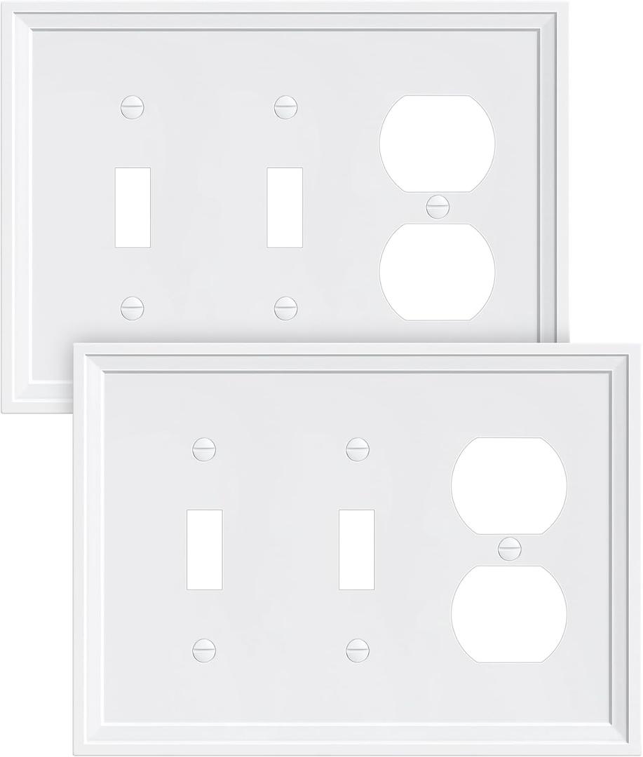 2-Pack Combo Duplex/Double Toggle Light Switch Cover Plate, Pure White Modern Decorative Electrical Outlet Covers, Bamboo Fiber Wall Switch Plates and Outlet Covers
